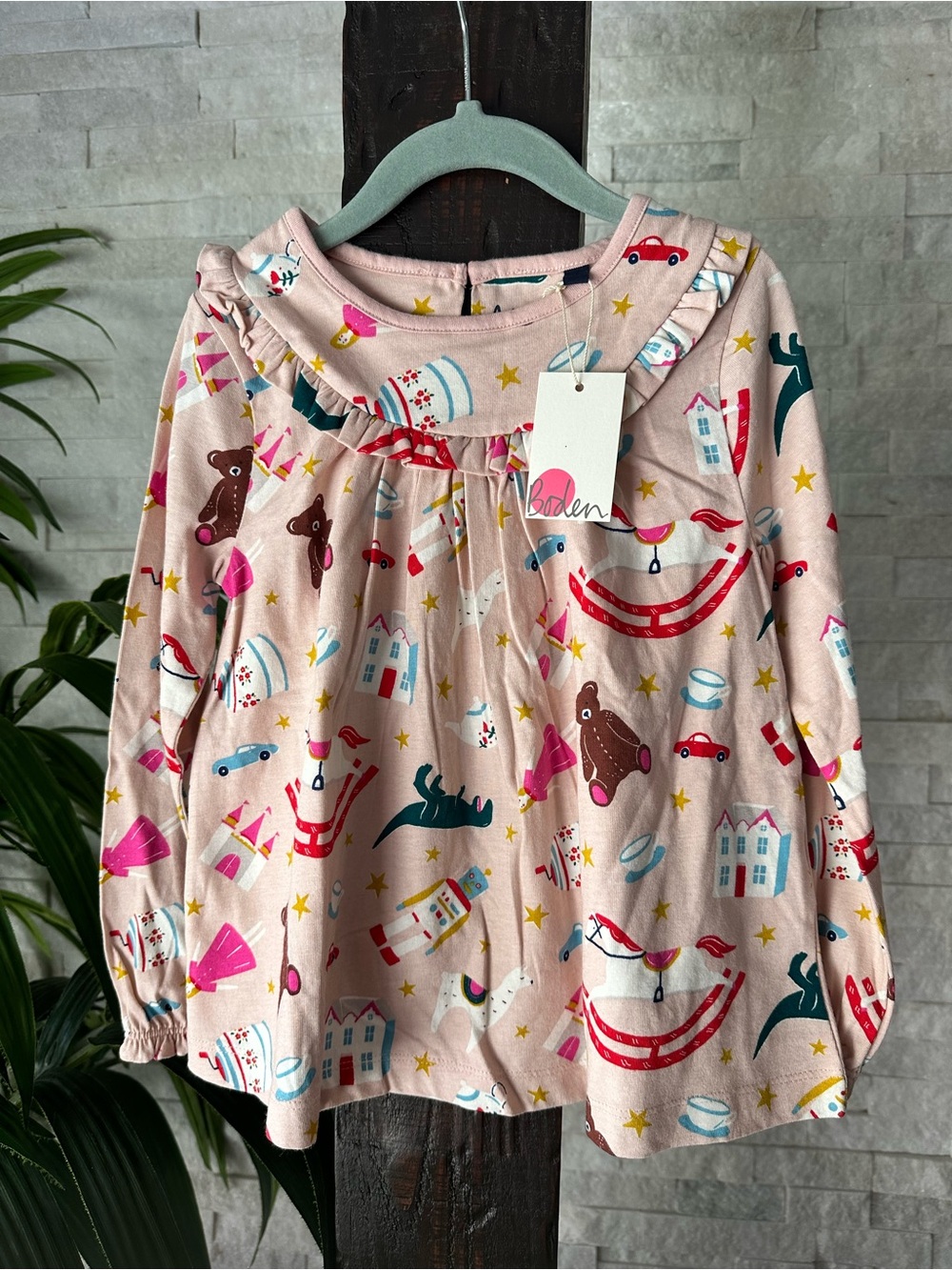 Mini BODEN Pink Holiday Toy Print Long-Sleeve Cotton Blouse Size 6 New Tags